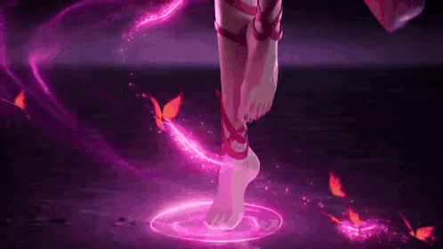 a woman 's feet are surrounded by purple butterflies and a circle of purple light .
