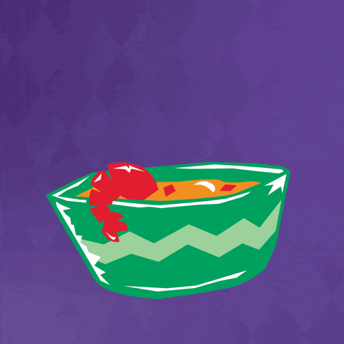 a purple background with a green bowl and the word yum