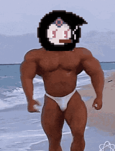 a man in a bathing suit with a pixelated face on his head