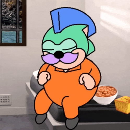a cartoon character with a mohawk and a mustache is sitting on a bed next to a bowl of cereal
