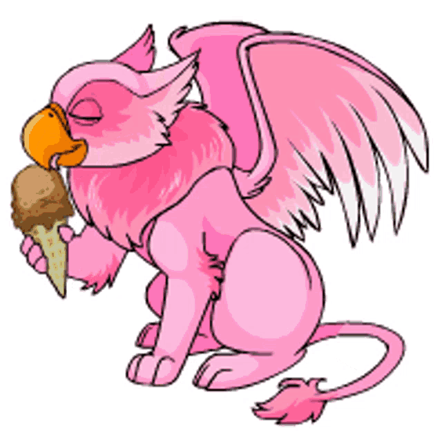 a pink griffin eating an ice cream cone