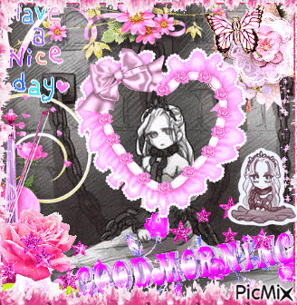 a picture of a girl in a heart surrounded by pink flowers with the words have a nice day