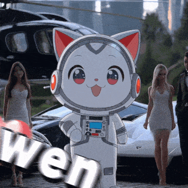 a cartoon cat in a space suit is standing in front of a group of women