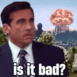 a man in a suit and tie says " is it bad " in front of an explosion