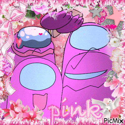 pink among us characters are surrounded by pink flowers and the word pink