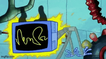 a cartoon scene from spongebob squarepants with a tv being turned on and a shadow of spongebob on it