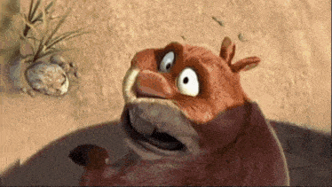 a close up of a cartoon character with a surprised look on its face .
