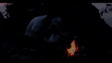 a man in a scream mask sits by a campfire