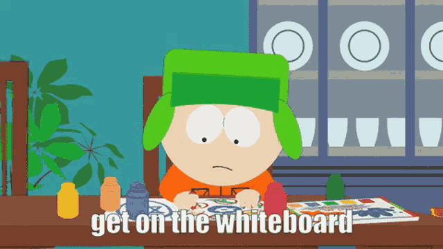 a cartoon character sitting at a table with the words get on the whiteboard