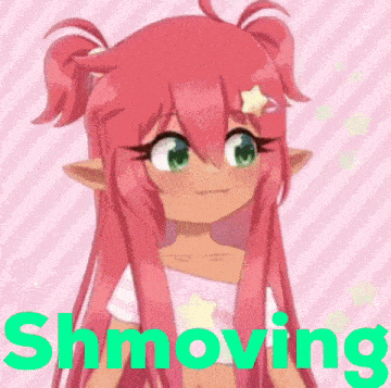 a girl with pink hair and green eyes is standing in front of a pink background with the word shmoving written in green letters .