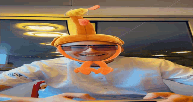 a man wearing a chicken hat and sunglasses has the word duh on his arm
