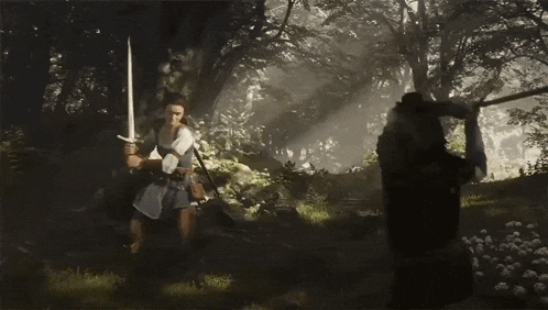 two men are fighting with bows and arrows in the woods