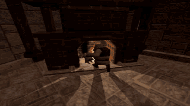 shrek is standing in front of a fireplace in a room