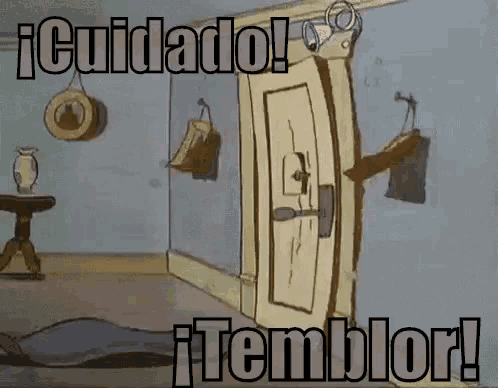 a cartoon of a room with a door that is open and the words cuidado and temblor written on it