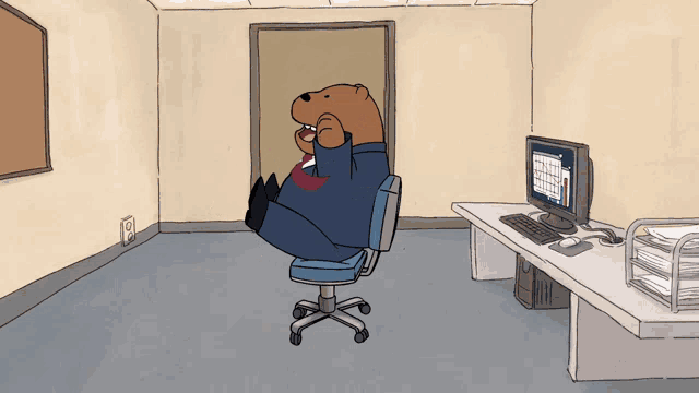 a cartoon of a bear in a suit and tie sitting in an office chair