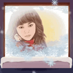 a cartoon of a girl in a snowy window