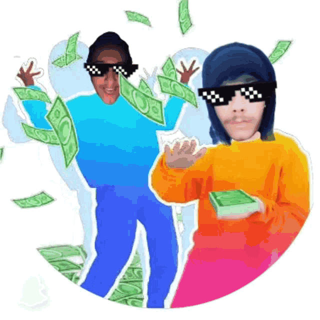 two people wearing sunglasses are standing in front of a bunch of money
