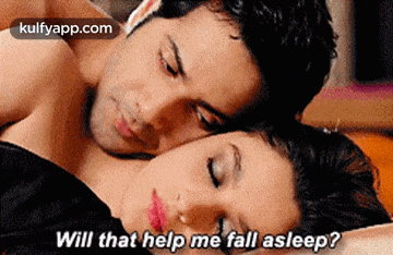 a man and a woman are laying on a bed and the woman is asking the man to help her fall asleep .