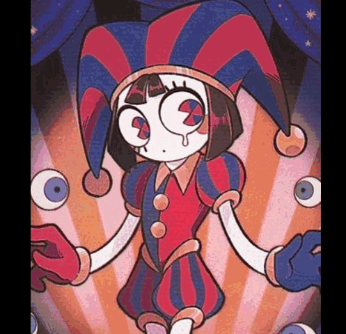 a cartoon character is wearing a jester hat and holding a card .