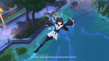 a girl in a white dress is holding a sword and says " finally killed in time , the firework festival ! "