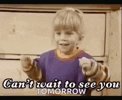 a little boy is pointing at the camera and saying `` can t wait to see you tomorrow '' .