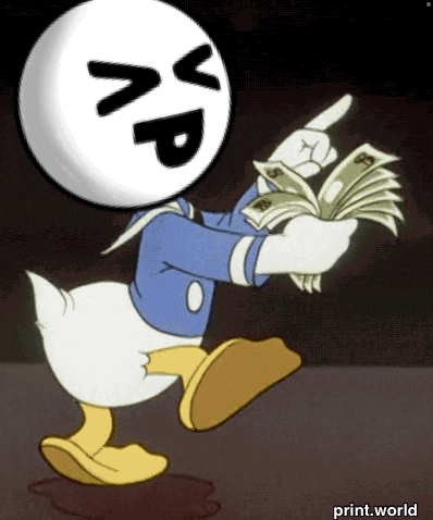 donald duck is holding a bunch of money and pointing