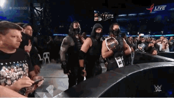 a group of wrestlers standing in front of a crowd with a wwe logo on the bottom right