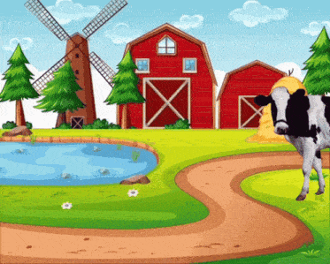a cow standing on a dirt road in front of a red barn and windmill