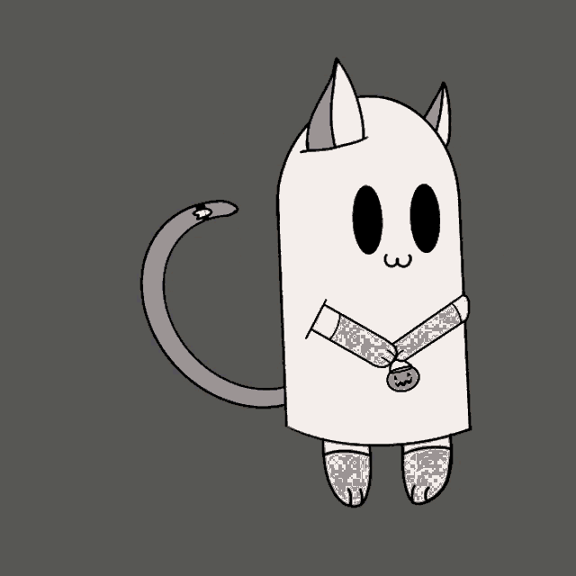 a cartoon drawing of a ghost with a purple tail and ears