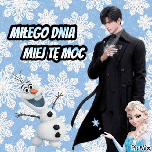 a man in a black coat is standing next to a snowman and a girl in a blue dress