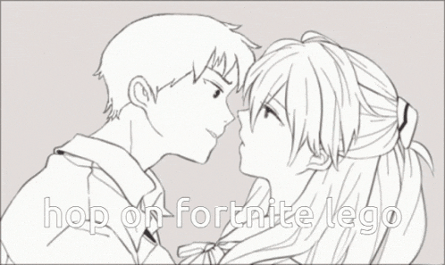 a black and white drawing of a boy and a girl with the words hop on fortnite lego written below them