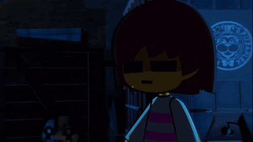 a cartoon character stands in front of a freddy 's sign