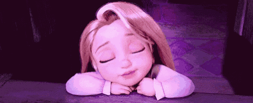 a cartoon girl is sleeping on a table with her head on her hands .