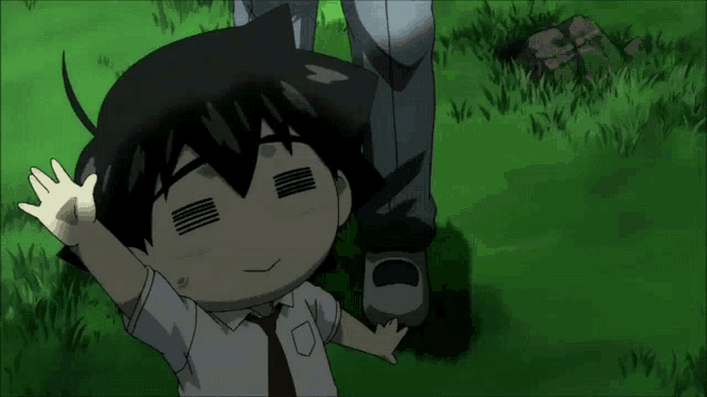 a boy in a white shirt and tie is laying in the grass with a caption that says ua