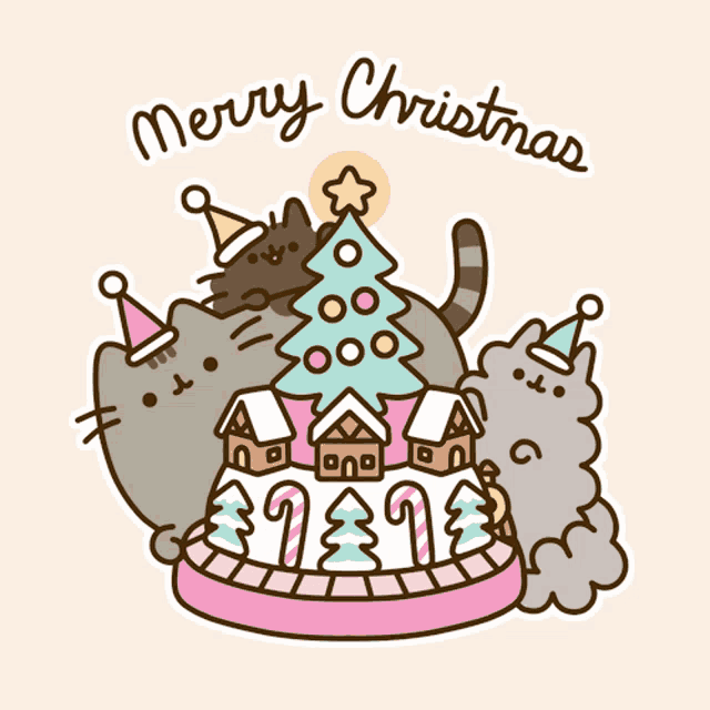 a merry christmas greeting card with a cat and a gingerbread house