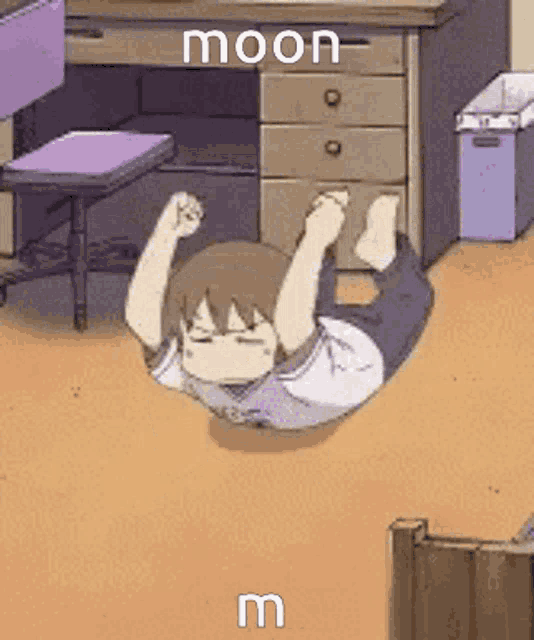 a cartoon character is laying on the floor in a room with the word moon written on the bottom .