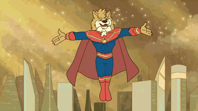 a cartoon of a dog in a superhero costume flying over a city