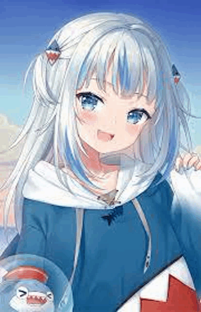 a girl with white hair and blue eyes is holding a stuffed shark in her hand .