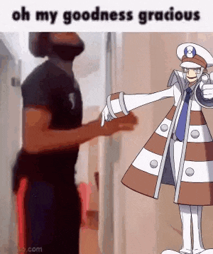 a man is standing next to a cartoon character that says `` oh my goodness gracious '' .