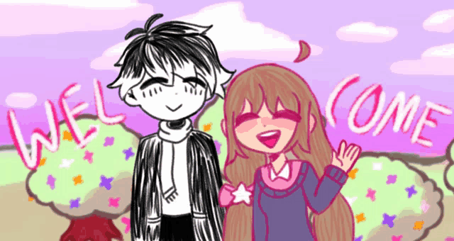 a boy and a girl are standing next to each other with the words welcome written in the background