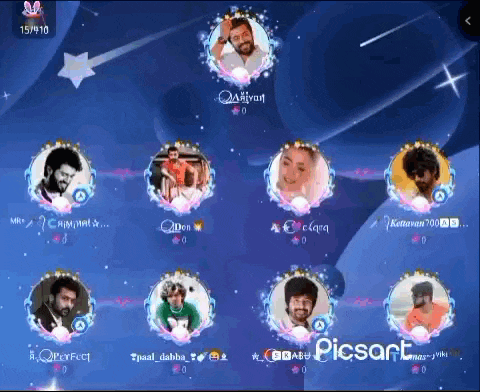a group of people are sitting in circles on a blue background with a star in the background .