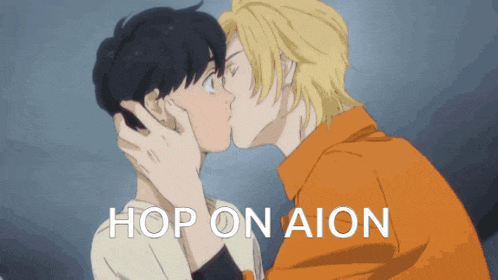 a couple of anime characters kissing with the words hop on aion below them