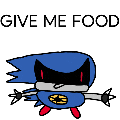 a drawing of a cartoon character with the words give me food below it