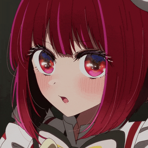 a close up of a anime girl with red hair