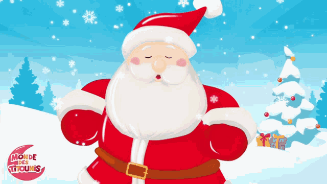 a cartoon drawing of santa claus with the words monde des titounis behind him