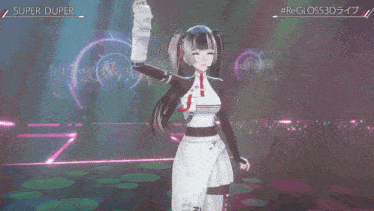 a girl is dancing in a video game with the words super duper above her