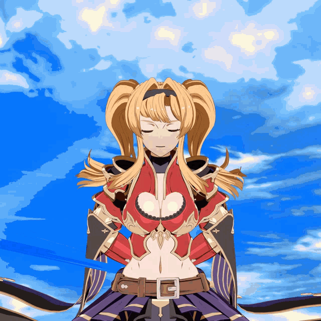a cartoon character with her eyes closed and a blue sword