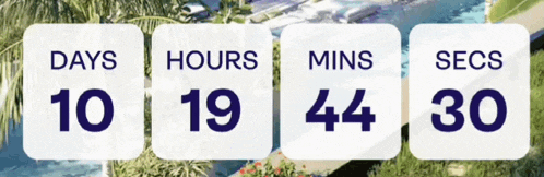 a sign that says days hours mins secs with a pool in the background