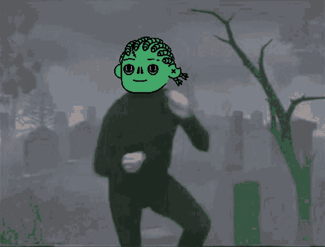a cartoon drawing of a man with a green face