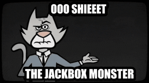 a cartoon cat says the jackbox monster